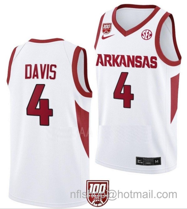 Men's Arkansas Razorbacks Davonte Davis College Basketball 100 Season White #4 Stitched Jersey