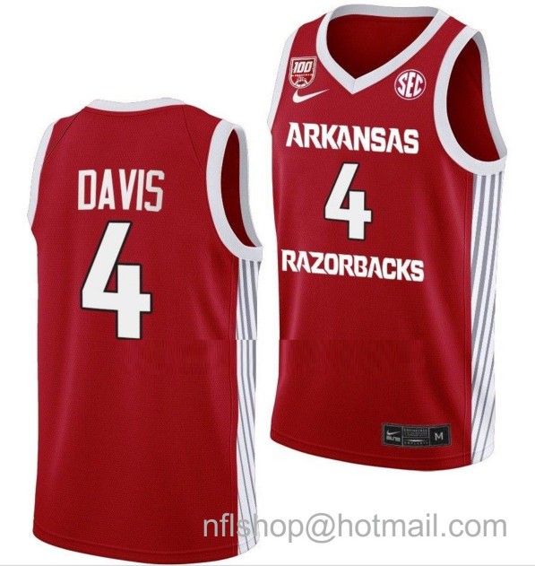 Men's Arkansas Razorbacks Davonte Davis College Basketball 100 Season Red #4 Stitched Jersey