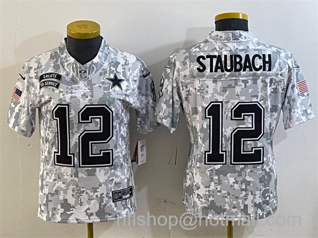 Youth Dallas Cowboys #12 Roger Staubach 2024 F.U.S.E Arctic Camo Salute to Service Limited Stitched Football Jersey