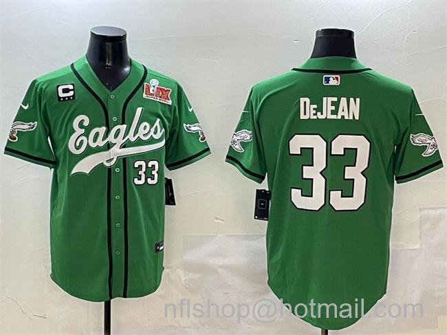 Men's Philadelphia Eagles #33 Cooper DeJean Green 2025 Super Bowl LIX And 3-Star C Patch Stitched Baseball Jersey