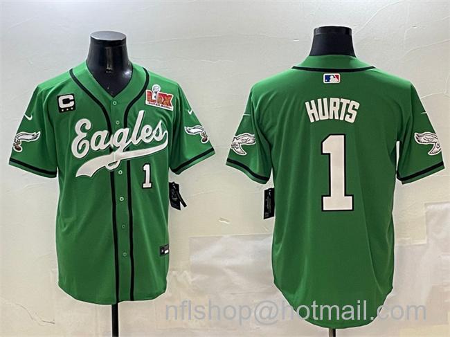 Men's Philadelphia Eagles #1 Jalen Hurts Green 2025 Super Bowl LIX And 3-Star C Patch Stitched Baseball Jersey