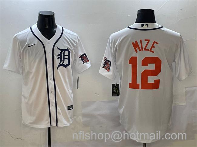 Men's Detroit Tigers #12 Casey Mize White With Patch Cool Base Stitched Baseball Jersey