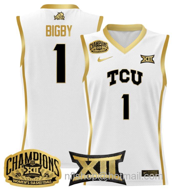 Women's Taylor Bigby Jersey #1 TCU Horned Frogs 2025 Champions White Gold