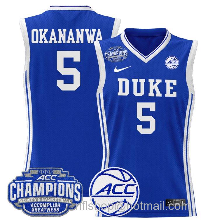 Women's Oluchi Okananwa Jersey #5 Duke Blue Devils 2025 ACC Champions Royal