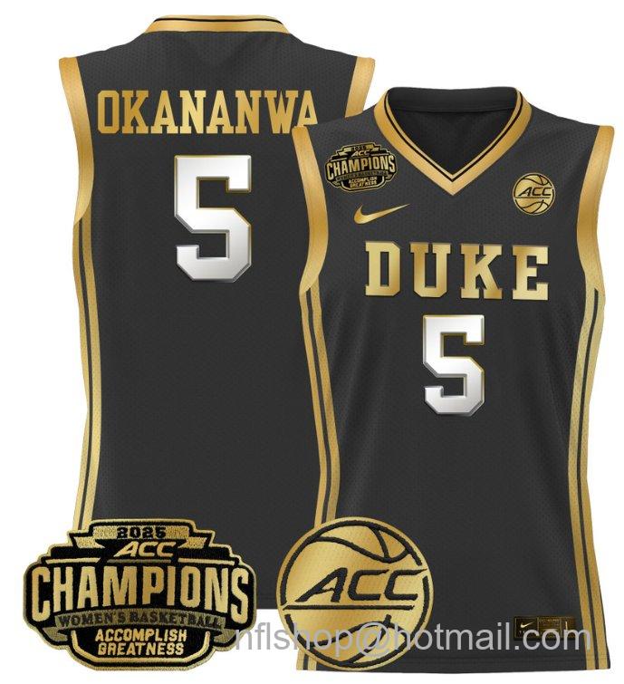 Women's Oluchi Okananwa Jersey #5 Duke Blue Devils 2025 ACC Champions Black Gold