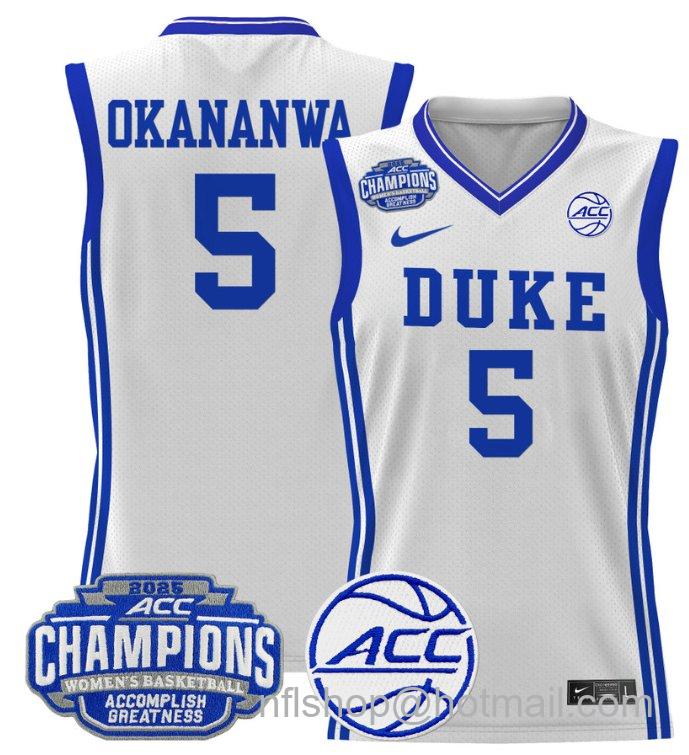 Women's Oluchi Okananwa Jersey #5 Duke Blue Devils 2025 ACC Champions White