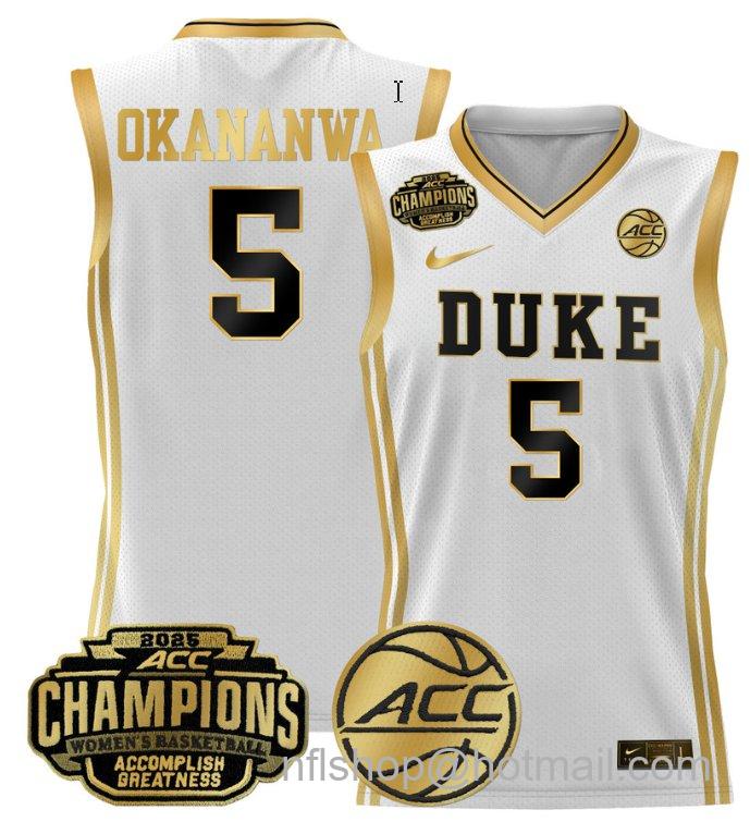 Women's Oluchi Okananwa Jersey #5 Duke Blue Devils 2025 ACC Champions White Gold