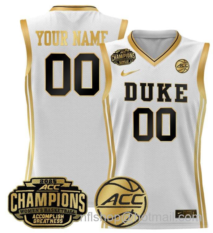 Women's Custom Duke Blue Devils Jersey 2025 ACC Champions Lightweight White Gold