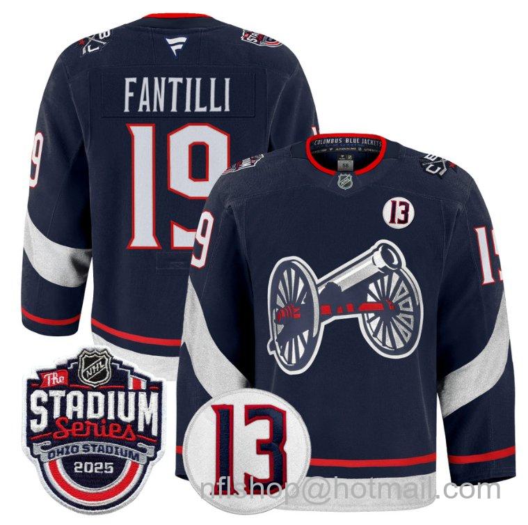 Youth Columbus Blue Jackets Adam Fantilli #19 2025 Stadium Series #13 Johnny Gaudreau Patch Navy Stitched Hockey Jersey