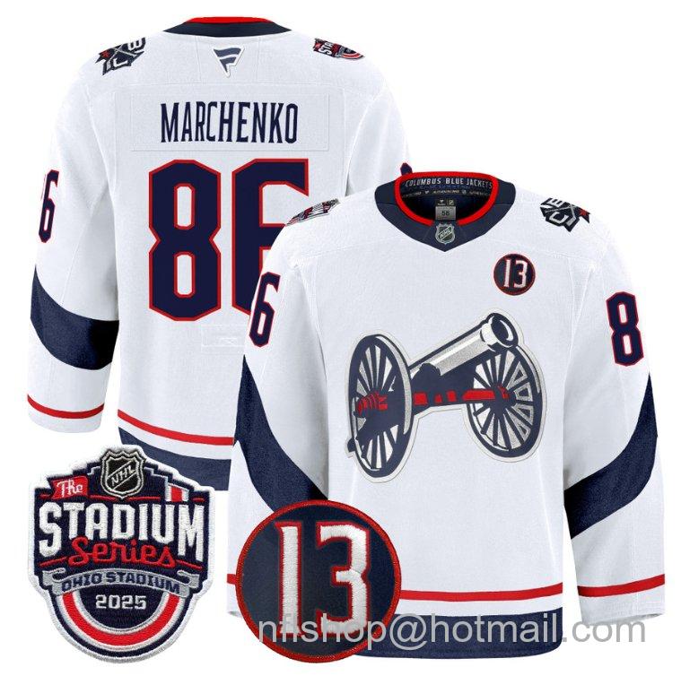 Youth Columbus Blue Jackets Kirill Marchenko #86 2025 Stadium Series #13 Johnny Gaudreau Patch White Stitched Hockey Jersey