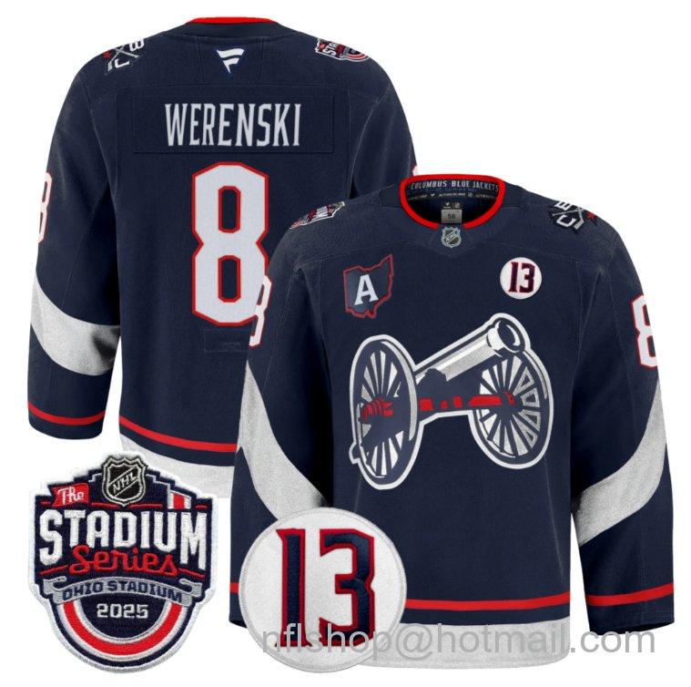 Youth Columbus Blue Jackets Zach Werenski #8 2025 Stadium Series #13 Johnny Gaudreau Patch Navy Stitched Hockey Jersey