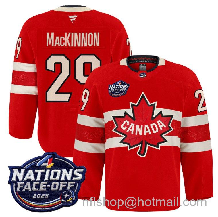 Youth Team Canada Nathan MacKinnon #29 4 Nations Face-Off 2025 Pro Red Stitched Hockey Jersey