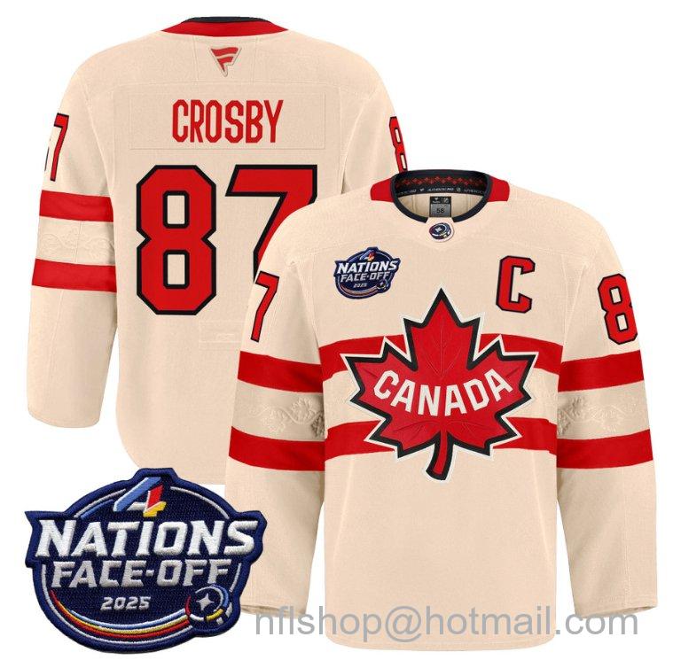 Youth Team Canada Sidney Crosby #87 4 Nations Face-Off 2025 Pro Cream Stitched Hockey Jersey