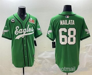 Men's Philadelphia Eagles #68 Jordan Mailata Green 2025 Super Bowl LIX And 3-Star C Patch Stitched Baseball Jersey