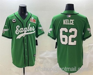 Men's Philadelphia Eagles #62 Jason Kelce Green 2025 Super Bowl LIX And 3-Star C Patch Stitched Baseball Jersey