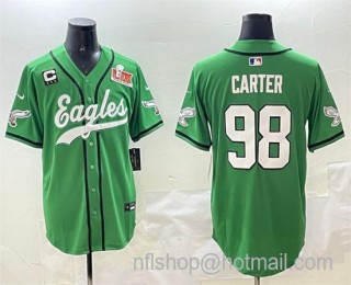 Men's Philadelphia Eagles #98 Jalen Carter Green 2025 Super Bowl LIX And 3-Star C Patch Stitched Baseball Jersey