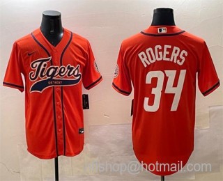 Men's Detroit Tigers #34 Jake Rogers Orange With Patch Cool Base Stitched Baseball Jersey