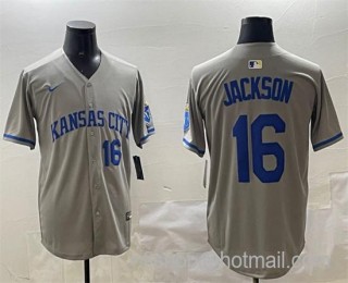 Men's Kansas City Royals #16 Bo Jackson Grey 2024 Away Limited Stitched Baseball Jersey