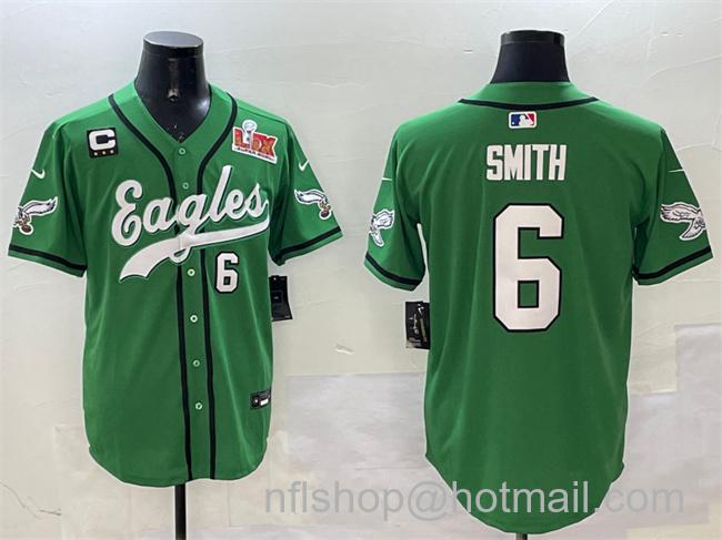 Men's Philadelphia Eagles #6 DeVonta Smith Green 2025 Super Bowl LIX And 3-Star C Patch Stitched Baseball Jersey