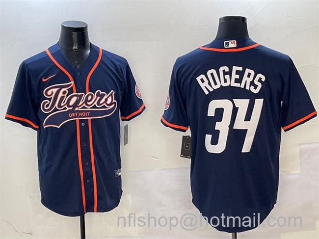 Men's Detroit Tigers #34 Jake Rogers Navy With Patch Cool Base Stitched Baseball Jersey