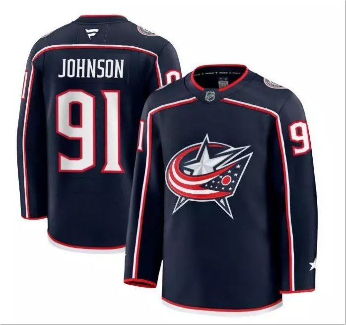 Men’s Columbus Blue Jackets #91 Kent Johnson Navy Stitched Hockey Jersey