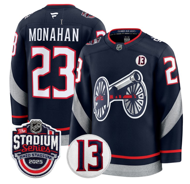 Men's Columbus Blue Jackets #23 Sean Monahan Navy 2025 Stadium Series Patch Stitched Hockey Jersey