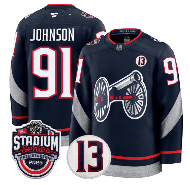 Men's Columbus Blue Jackets #91 Kent Johnson Navy 2025 Stadium Series Patch Stitched Hockey Jersey