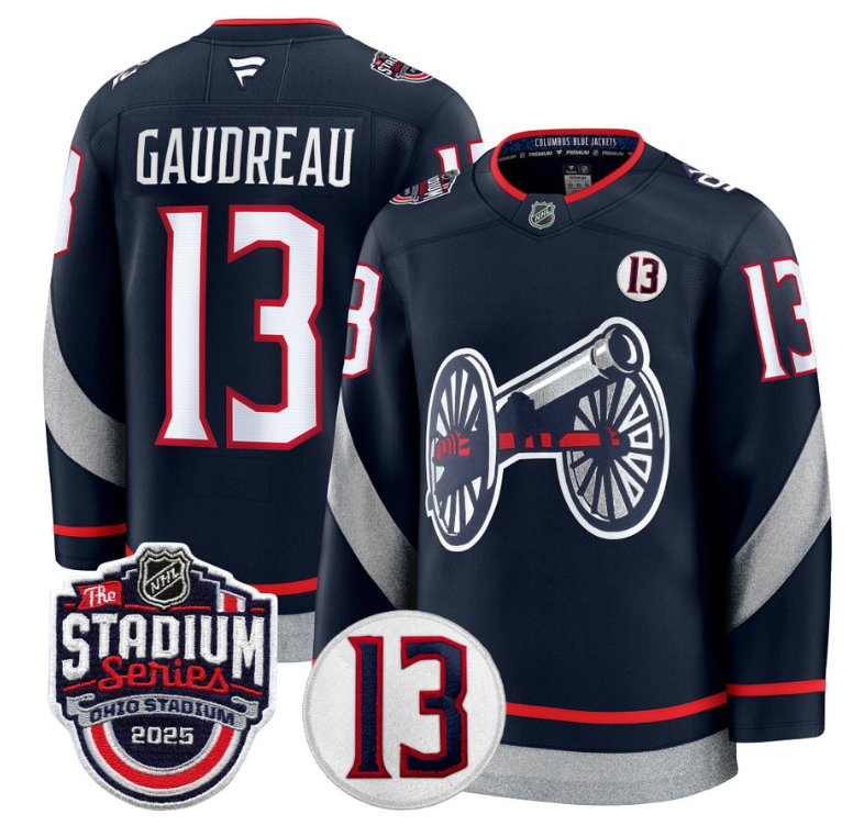 Men's Columbus Blue Jackets #13 Johnny Gaudreau Navy 2025 Stadium Series Patch Stitched Hockey Jersey