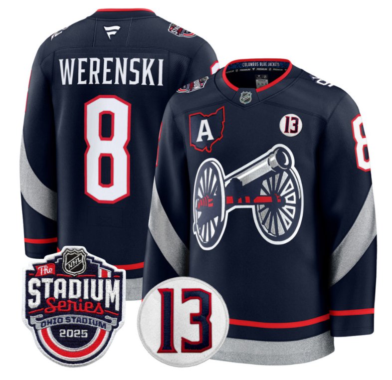 Men's Columbus Blue Jackets #8 Zach Werenski Navy 2025 Stadium Series Patch Stitched Hockey Jersey