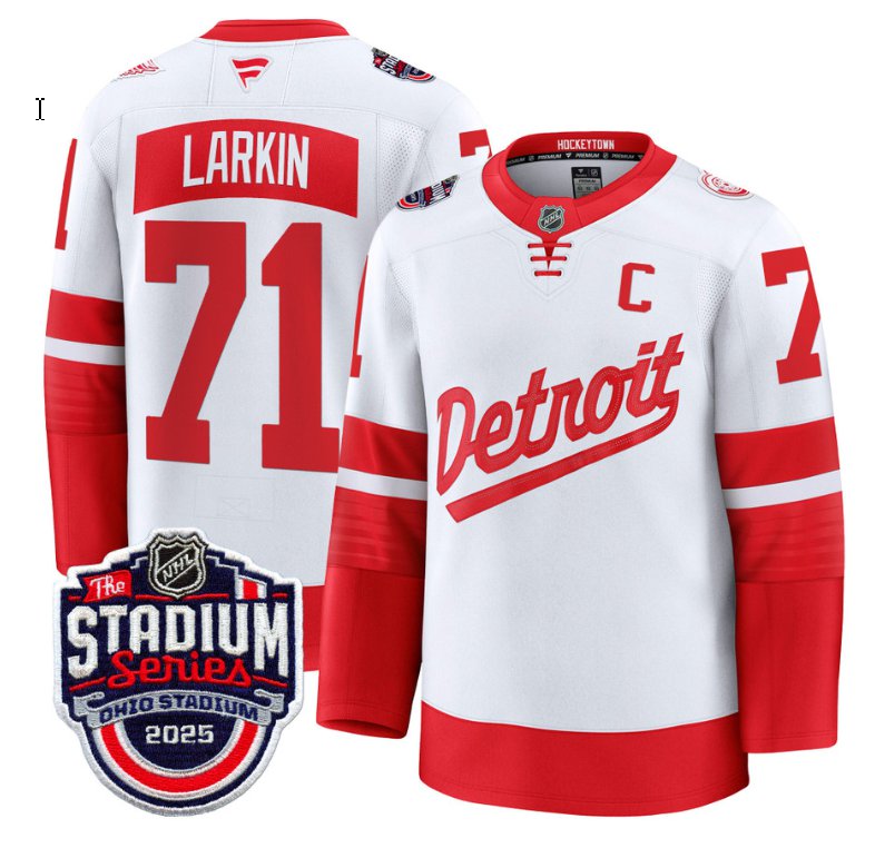 Men's Detroit Red Wings #71 Dylan Larkin White 2025 Stadium Series Patch Premium Stitched Hockey Jersey