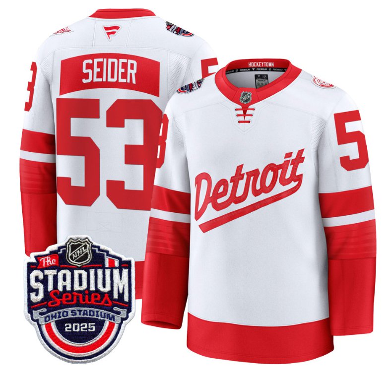 Men's Detroit Red Wings #53 Moritz Seider White 2025 Stadium Series Patch Premium Stitched Hockey Jersey