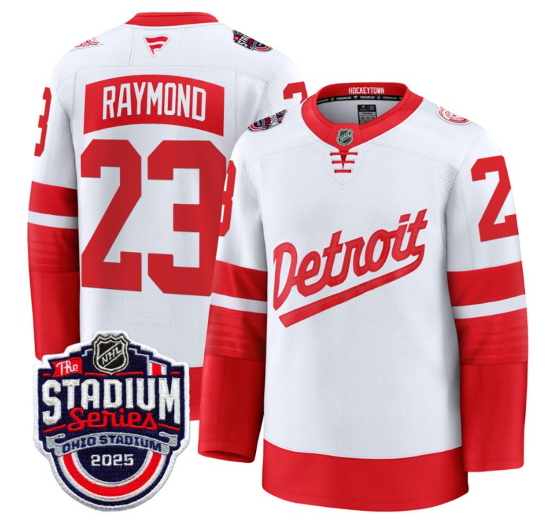 Men's Detroit Red Wings #23 Lucas Raymond White 2025 Stadium Series Patch Premium Stitched Hockey Jersey