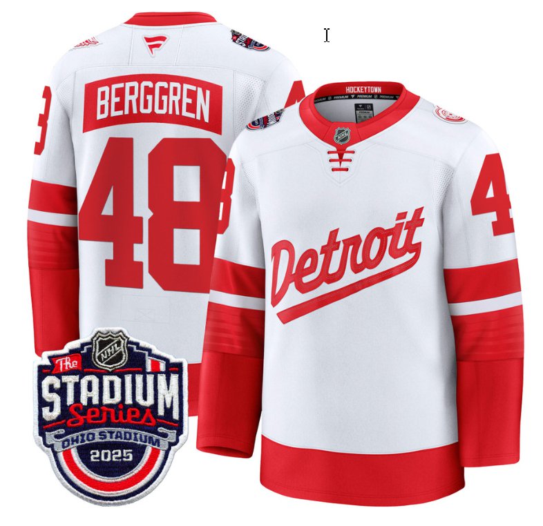 Men's Detroit Red Wings #48 Jonatan Berggren White 2025 Stadium Series Patch Premium Stitched Hockey Jersey