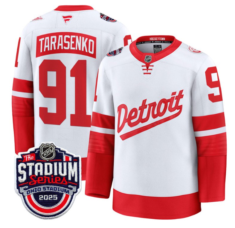 Men's Detroit Red Wings #91 Vladimir Tarasenko White 2025 Stadium Series Patch Premium Stitched Hockey Jersey