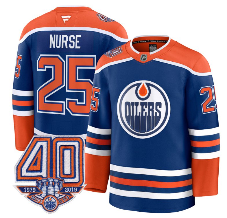 Men's Edmonton Oilers #25 Darnell Nurse Royal Home 40th Anniversary Patch Premium Stitched Hockey Jersey