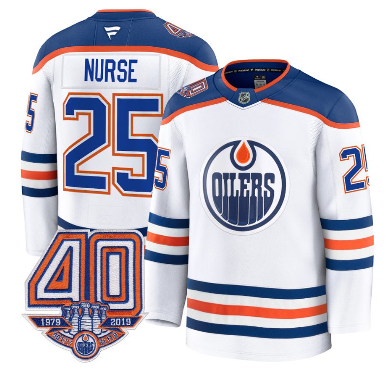 Men's Edmonton Oilers #25 Darnell Nurse White Away 40th Anniversary Patch Premium Stitched Hockey Jersey