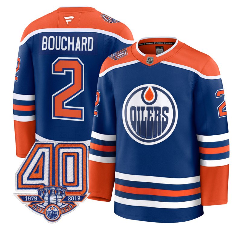 Men's Edmonton Oilers #2 Evan Bouchard Royal Home 40th Anniversary Patch Premium Stitched Hockey Jersey