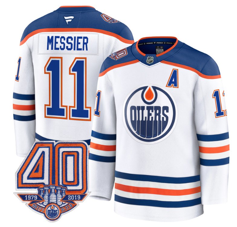 Men's Edmonton Oilers #11 Mark Messier White Away 40th Anniversary Patch Premium Stitched Hockey Jersey