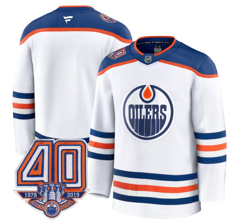 Men's Edmonton Oilers Blank White Away 40th Anniversary Patch Premium Stitched Hockey Jersey