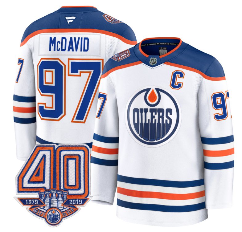 Men's Edmonton Oilers #97 Connor McDavid White Away 40th Anniversary Patch Premium Stitched Hockey Jersey