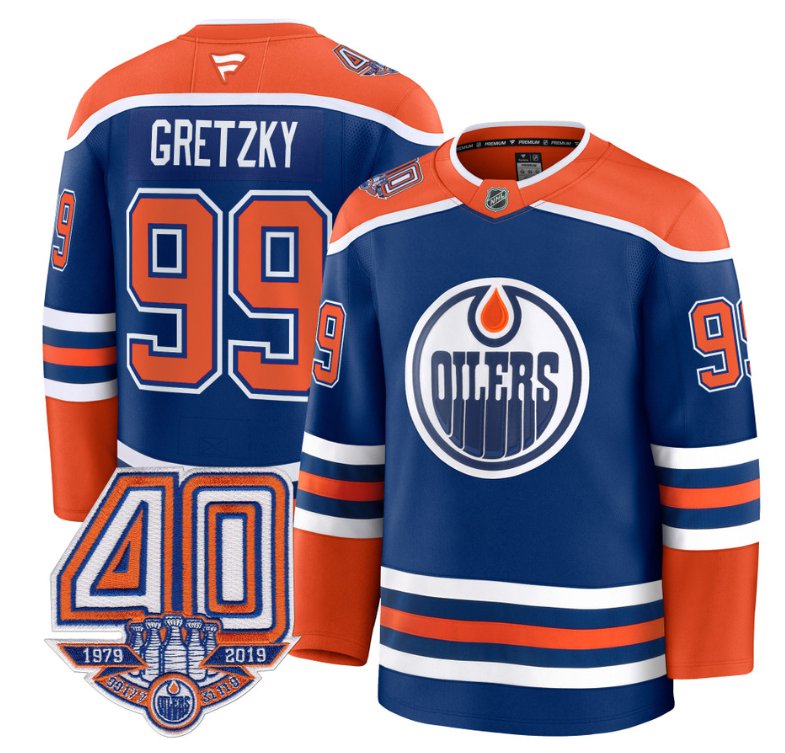 Men's Edmonton Oilers Wayne #99 Gretzky Royal Home 40th Anniversary Patch Premium Stitched Hockey Jersey