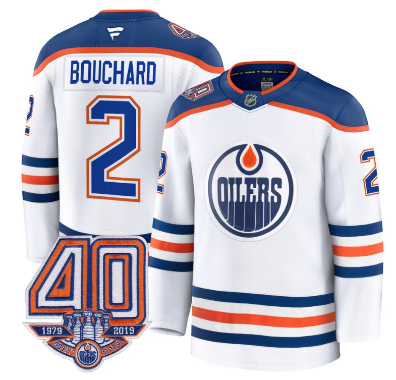 Men's Edmonton Oilers #2 Evan Bouchard White Away 40th Anniversary Patch Premium Stitched Hockey Jersey