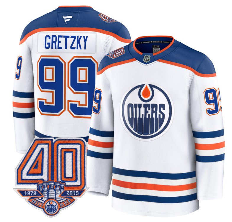 Men's Edmonton Oilers #99 Wayne Gretzky White Away 40th Anniversary Patch Premium Stitched Hockey Jersey