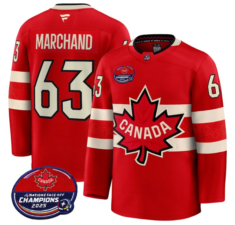 Men's Brad Marchand Jersey #63 Canada 4 Nations Face-Off 2025 Champions V2 Red All Stitched