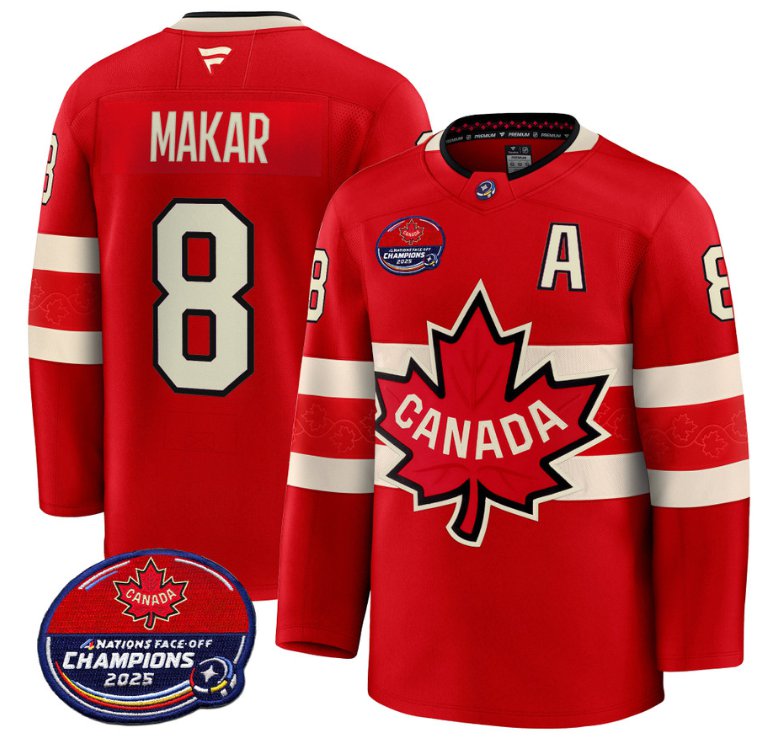 Men's Cale Makar Jersey #8 Canada 4 Nations Face-Off 2025 Champions V2 Red All Stitched