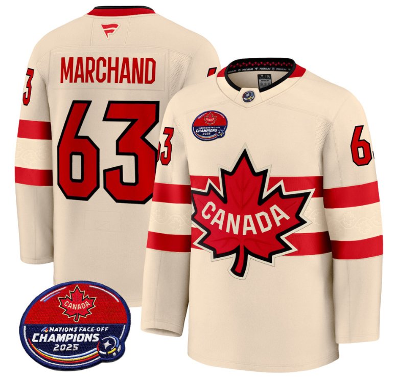 Men's Brad Marchand Jersey #63 Canada 4 Nations Face-Off 2025 Champions V2 Cream All Stitched