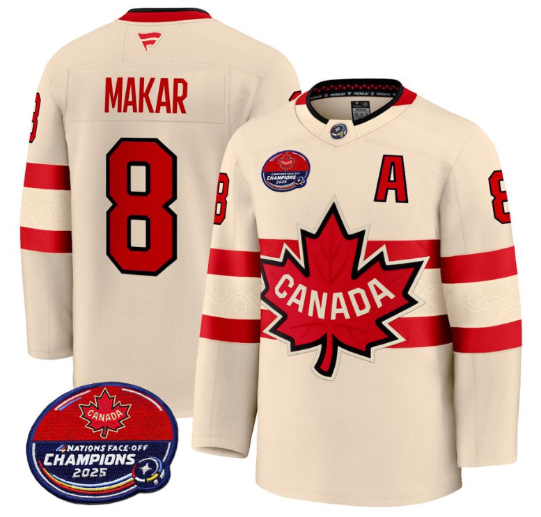 Men's Cale Makar Jersey #8 Canada 4 Nations Face-Off 2025 Champions V2 Cream All Stitched