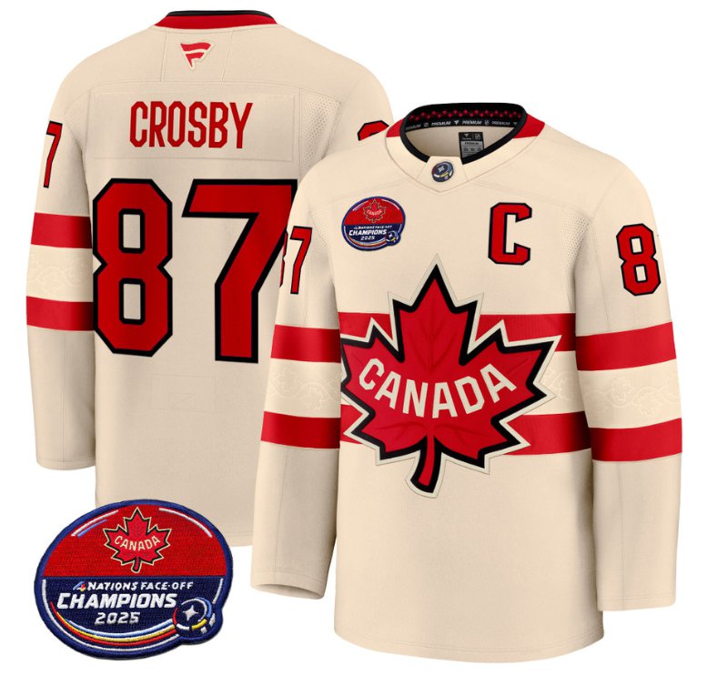 Men's Sidney Crosby Jersey #87 Canada 4 Nations Face-Off 2025 Champions V2 Cream All Stitched