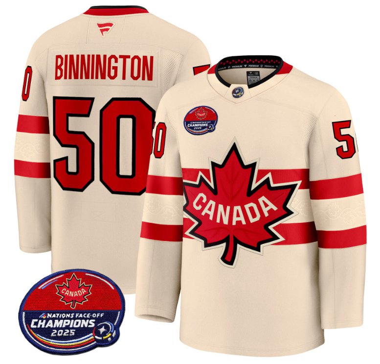 Men's Jordan Binnington Jersey #50 Canada 4 Nations 2025 Champions V2 Cream All Stitched