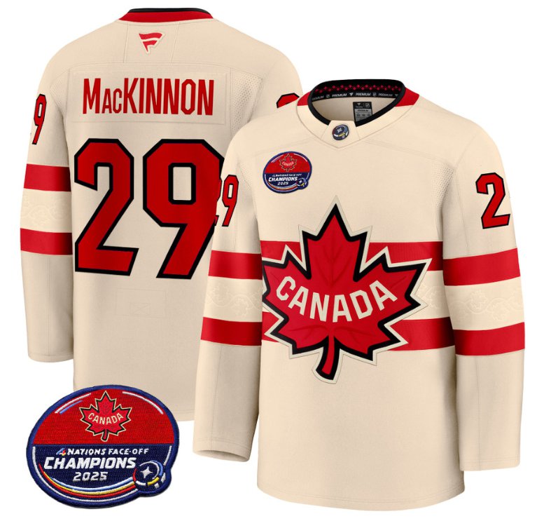 Men's Nathan MacKinnon Jersey #29 Canada 4 Nations FaceOff 2025 Champions V2 Cream All Stitched